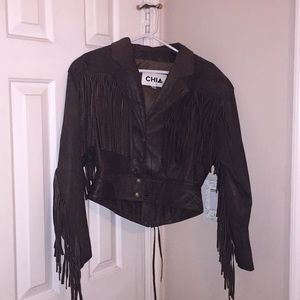 Faux leather fringe jacket